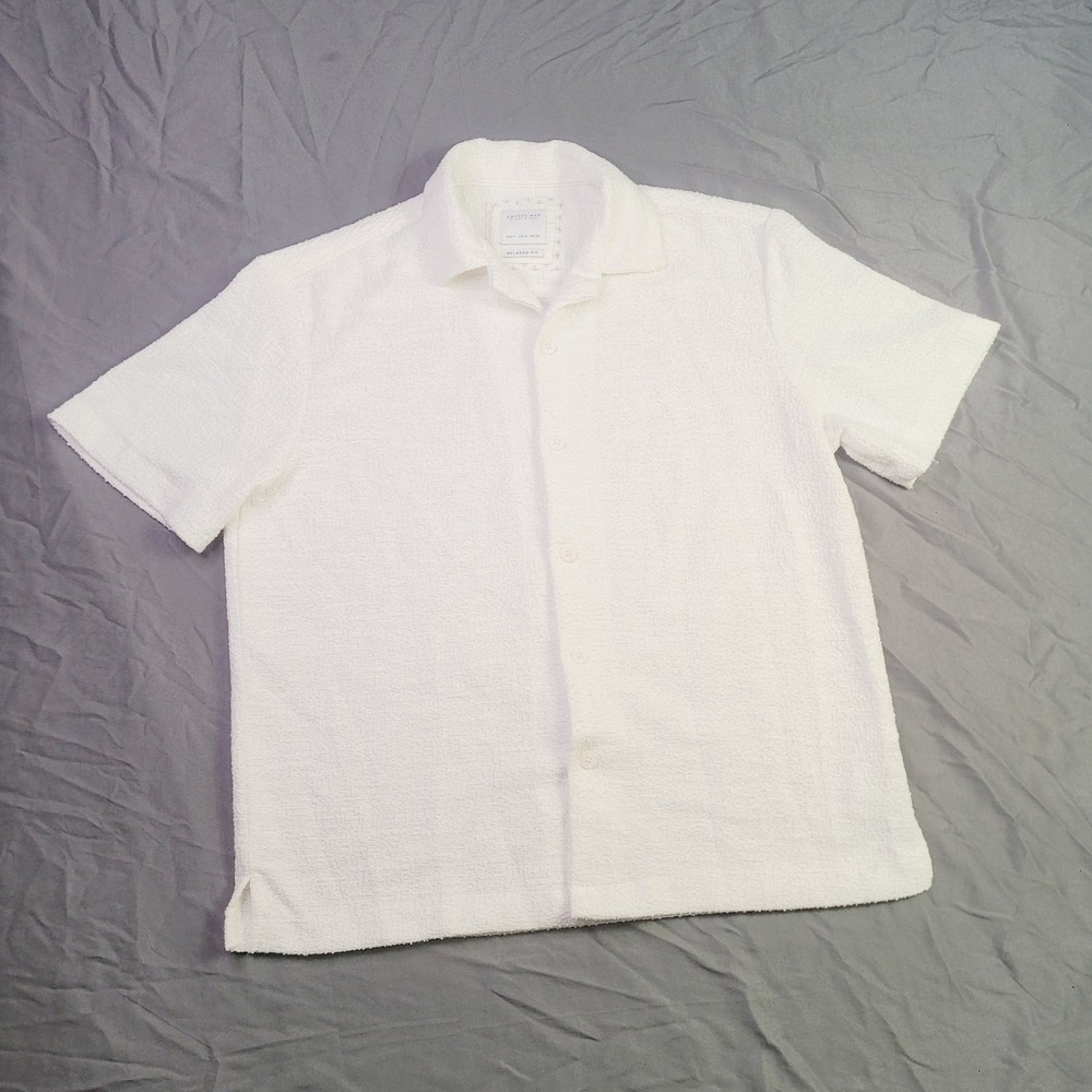 Cactus Man Men's Relaxed Fit‎ Button Down Shirt Size M White Terry Textured Top